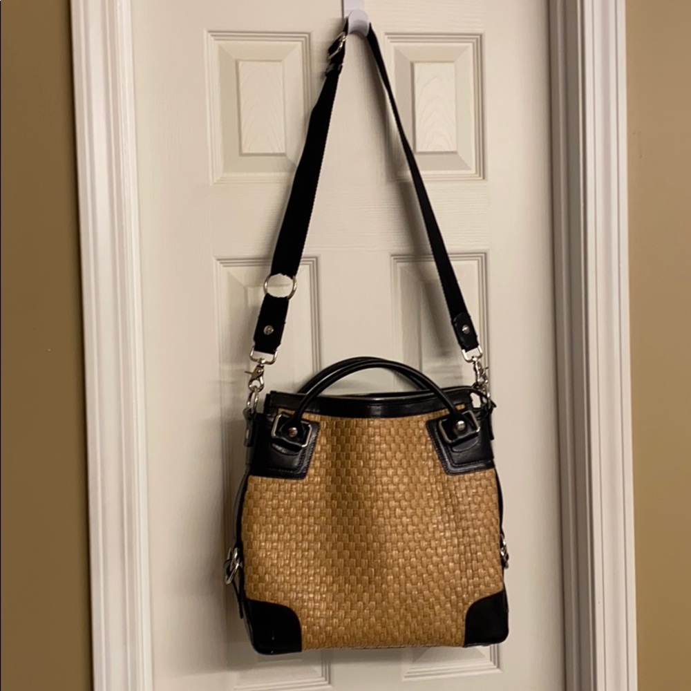 NEW Donald J Pliner lg straw & blk leather handbag